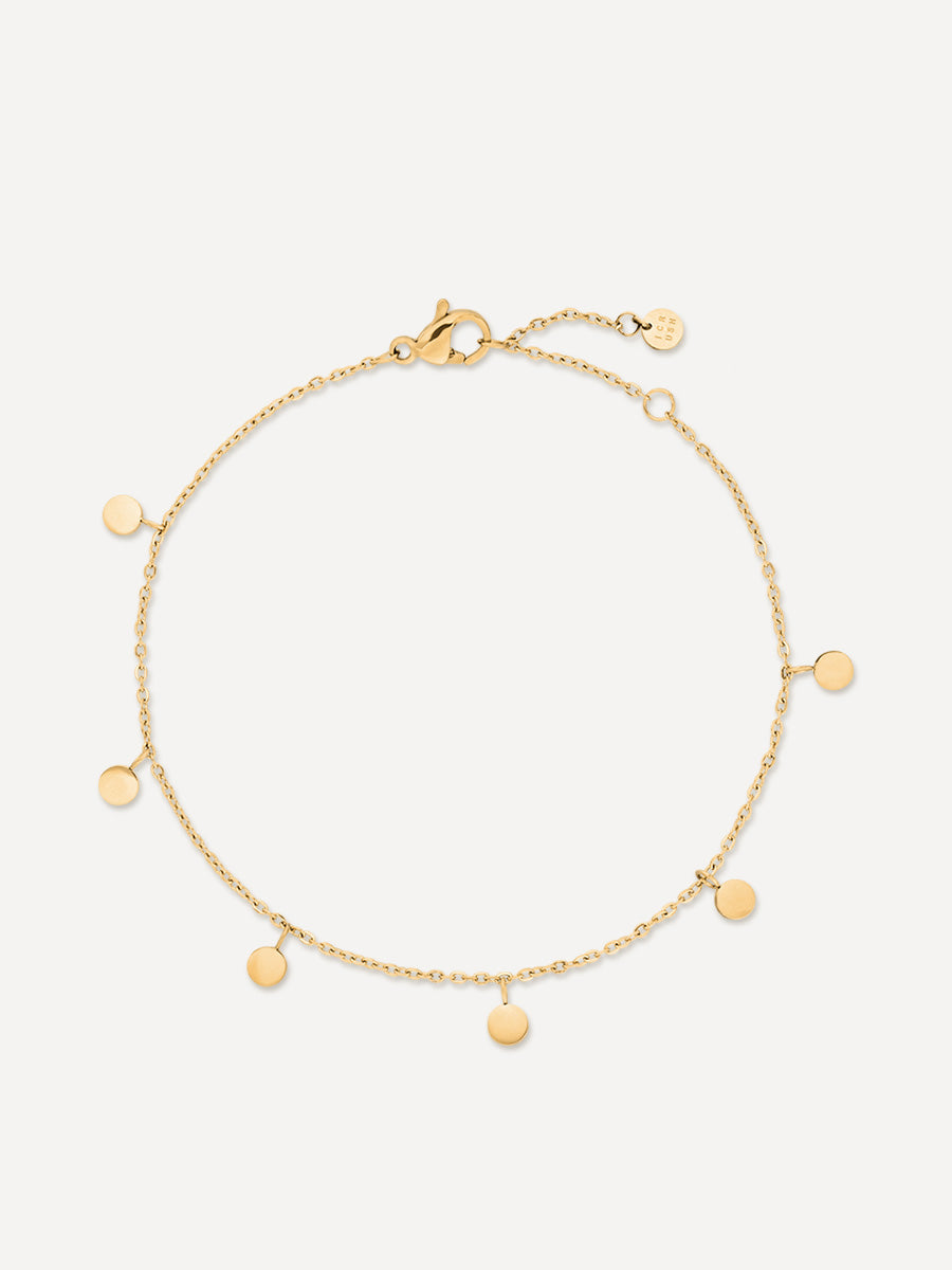 Goldtoniges Armband in Kreisform auf weißem Untergrund, bestehend aus Kettengliedern, runden Anhängern und Verschluss.