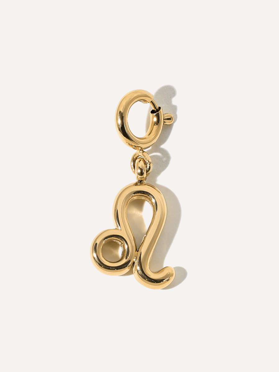Goldfarbener Leo-Anhänger mit Karabinerverschluss, frontal auf hellem Untergrund, glänzende Metalloberfläche.