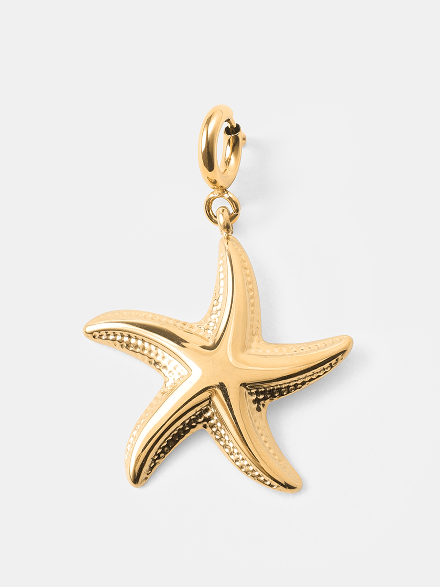 Seestern-Charm in Goldton, glänzend, mit Öse und Verschluss, freigestellt auf weißem Untergrund.