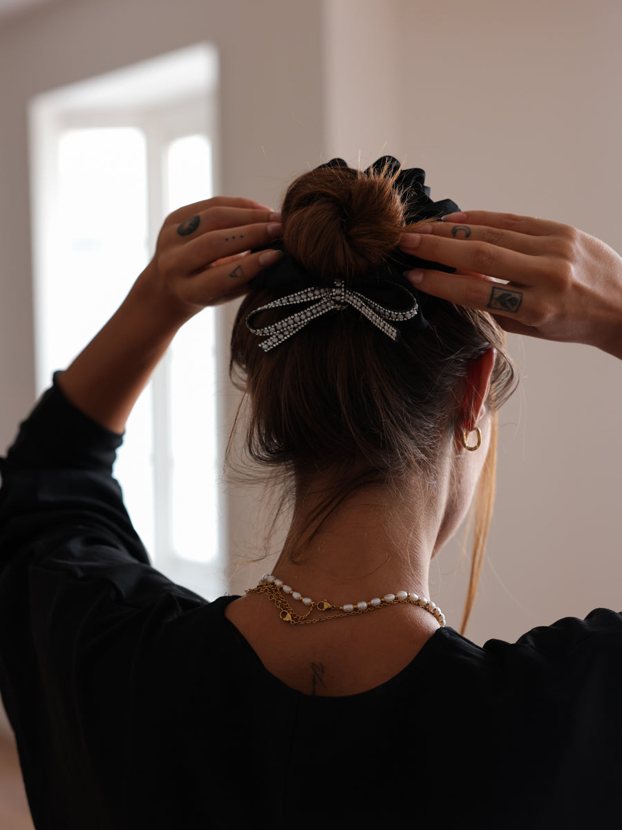 Shiny Pearl Black Scrunchie