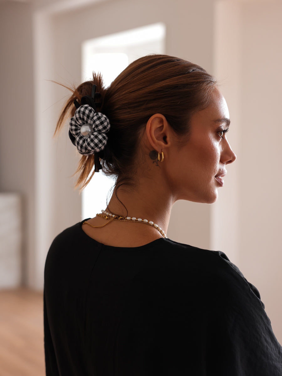 Pearl Floral Black Plaid Haarklammer