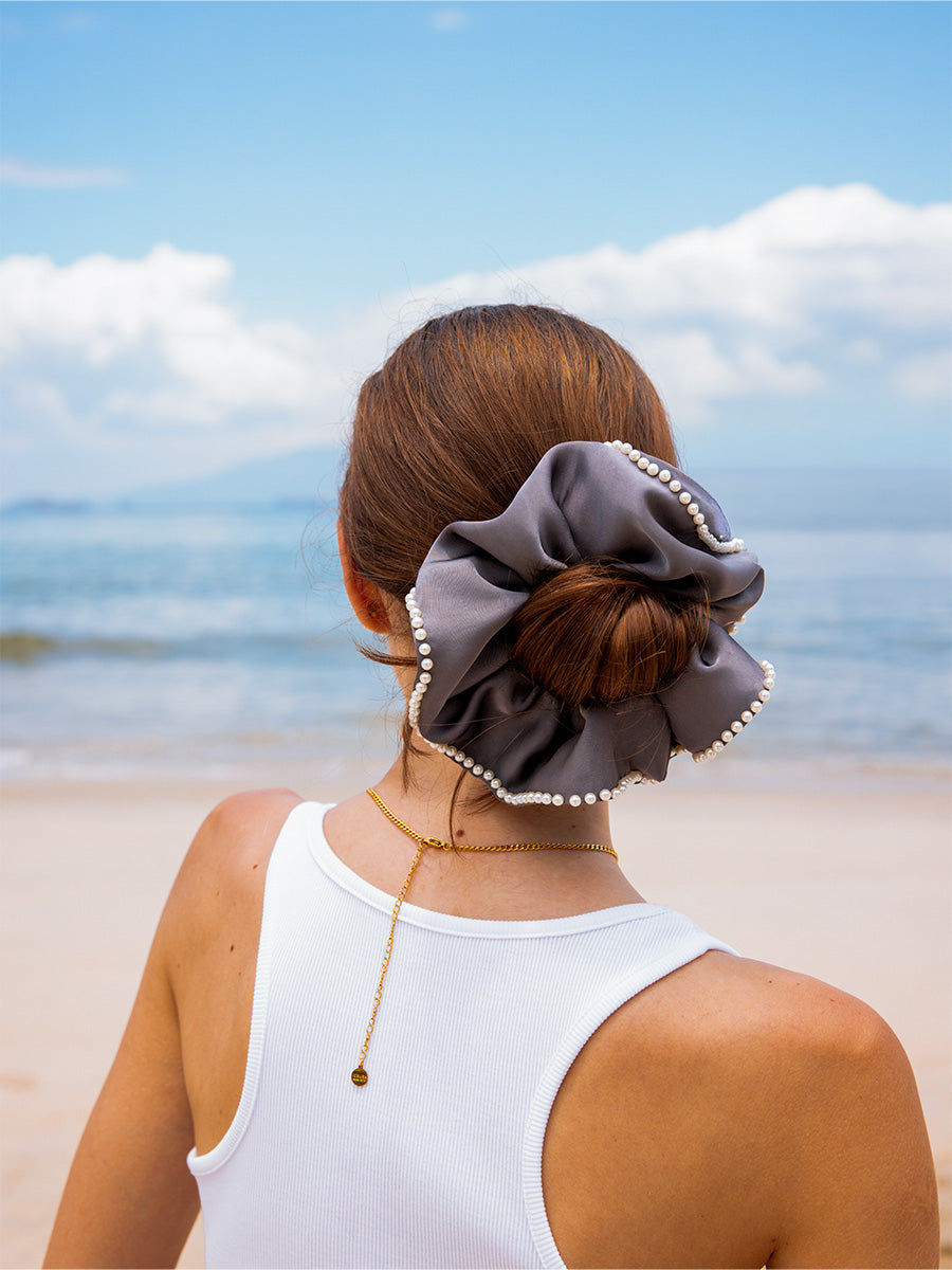 Beaded Edge Scrunchie Dark Grey