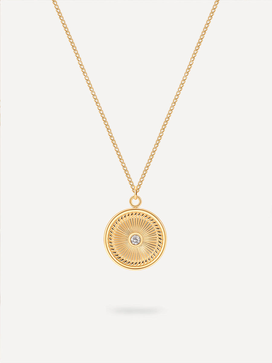 Halskette aus Gold mit runder Münze, feiner Riffelung und Kristall, für mehrere Anlässe