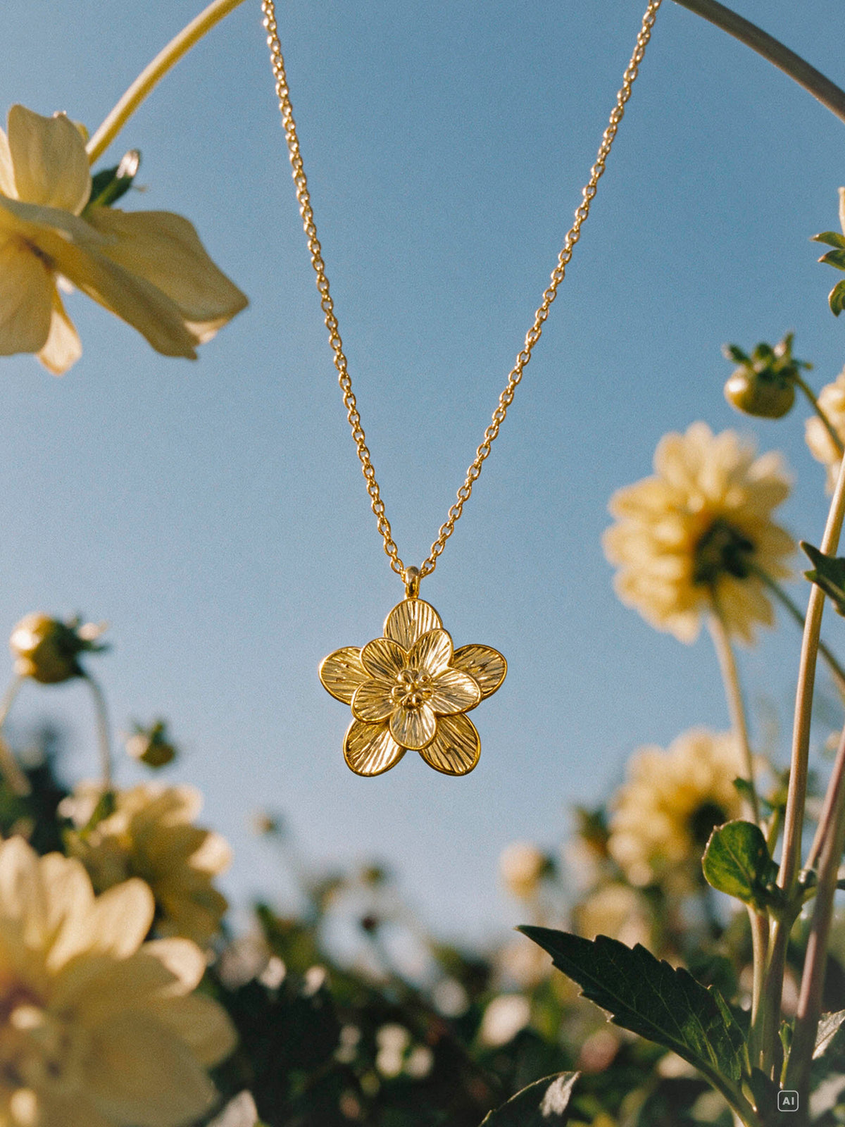 Blumenanhänger an goldener Gliederkette vor blauem Himmel, gelbe Blüten im Hintergrund.