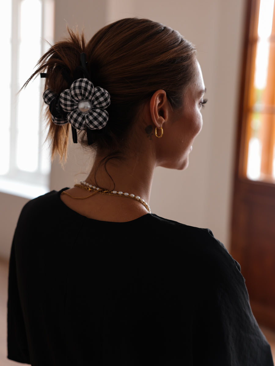 Pearl Floral Black Plaid Haarklammer