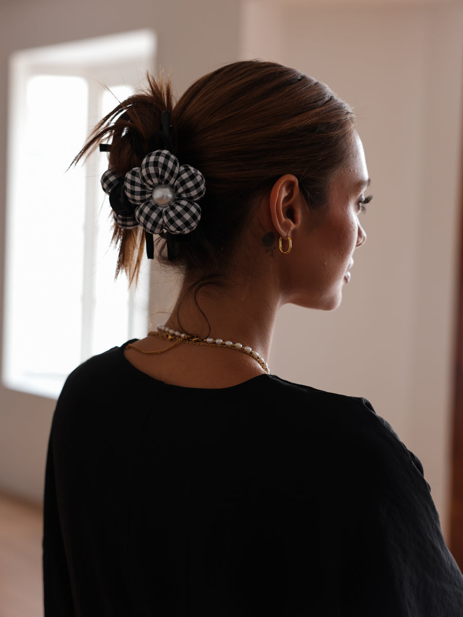 Pearl Floral Black Plaid Hair Clip